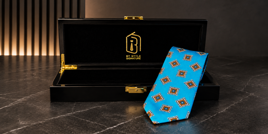 BT Style Signature necktie beside its black lacquered gift box with gold logo