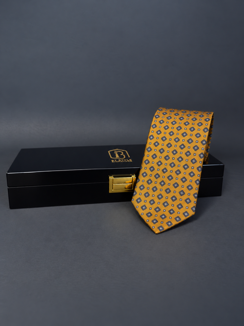 Amber — Gold Medallion Necktie for Navy and Charcoal Suits