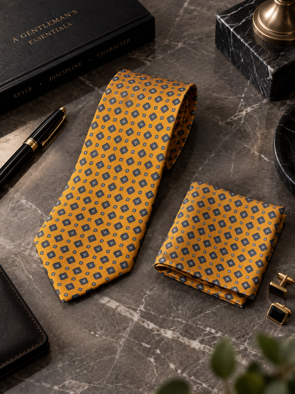 Amber — Gold Medallion Necktie for Navy and Charcoal Suits