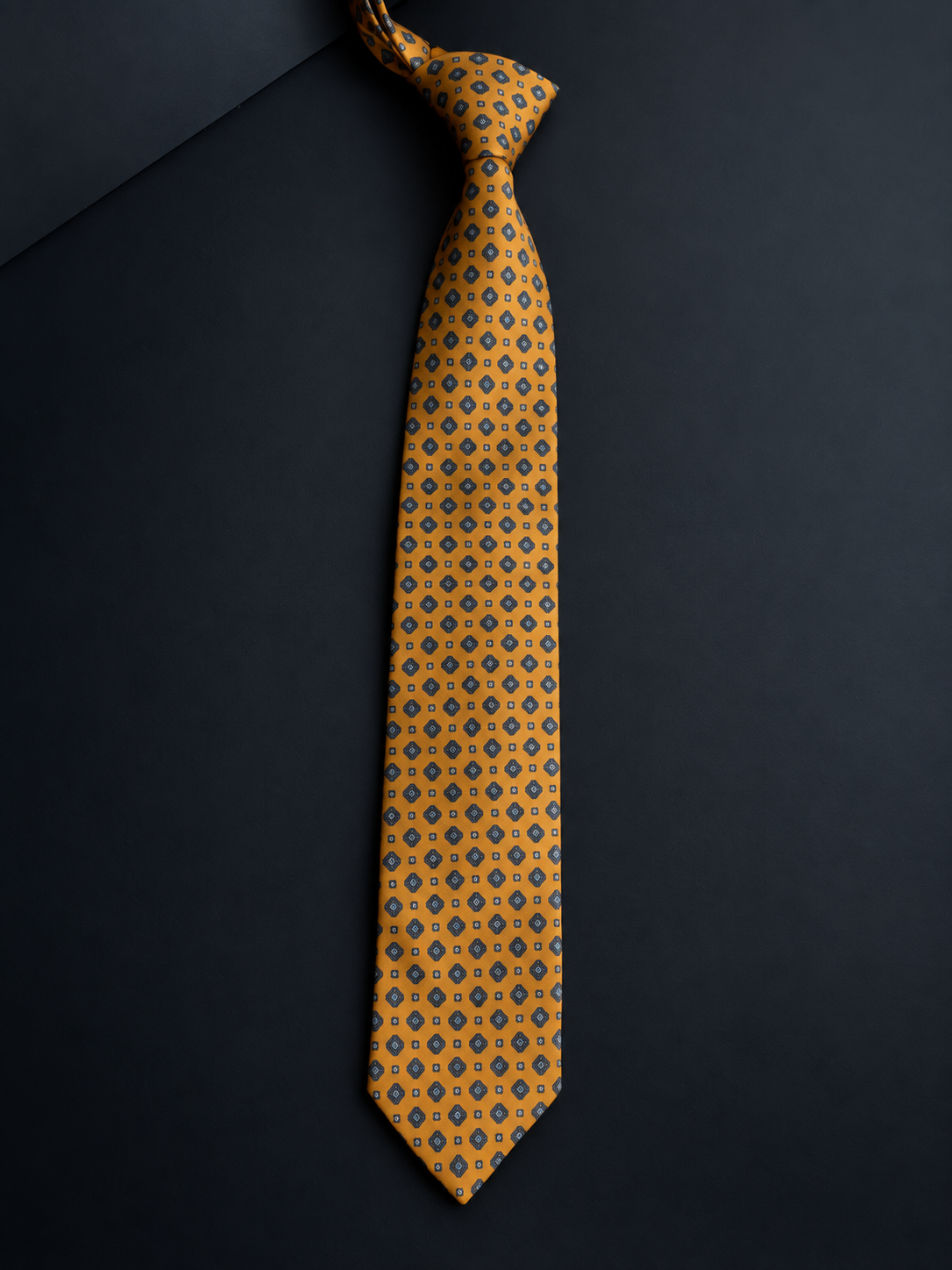 Amber — Gold Medallion Necktie for Navy and Charcoal Suits