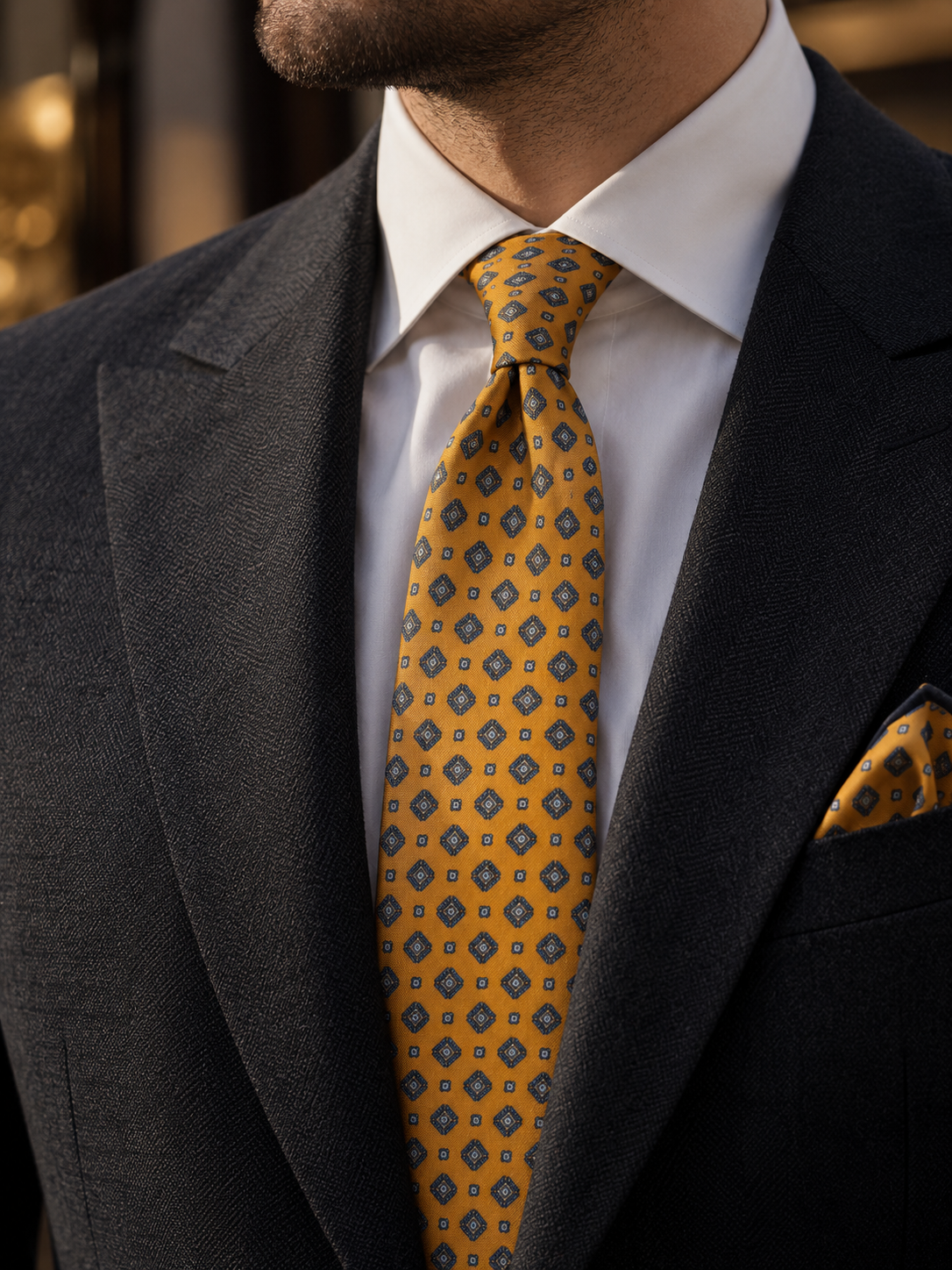 Amber — Gold Medallion Necktie for Navy and Charcoal Suits