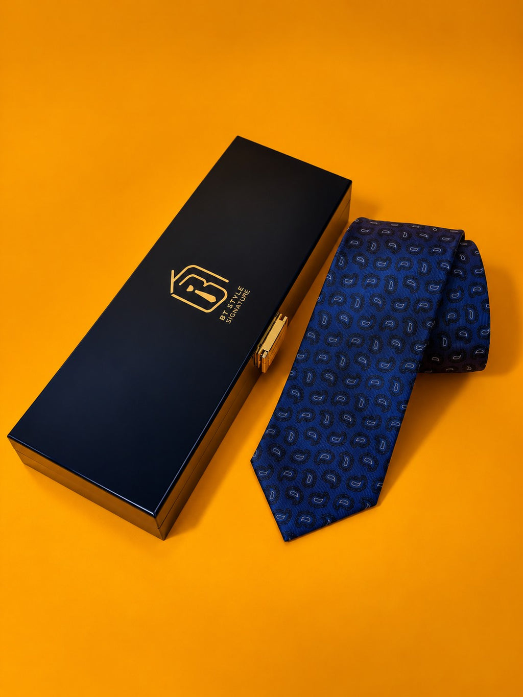 Blue Prestige royal blue paisley tie beside the black BT Style Signature gift box
