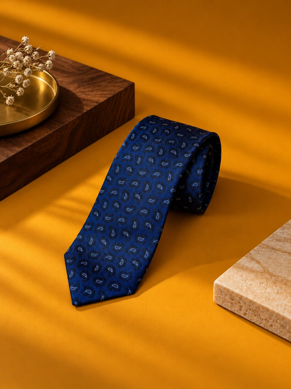 Blue Prestige royal blue paisley tie with a brass dish and wooden tray