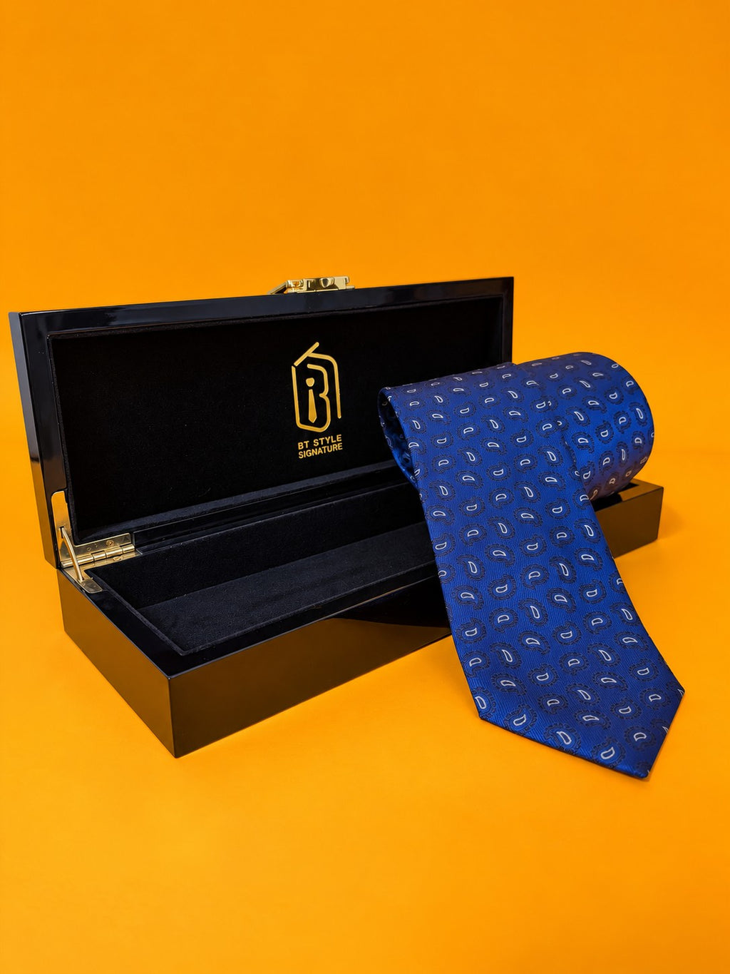 Blue Prestige royal blue necktie draped over the open BT Style Signature gift box