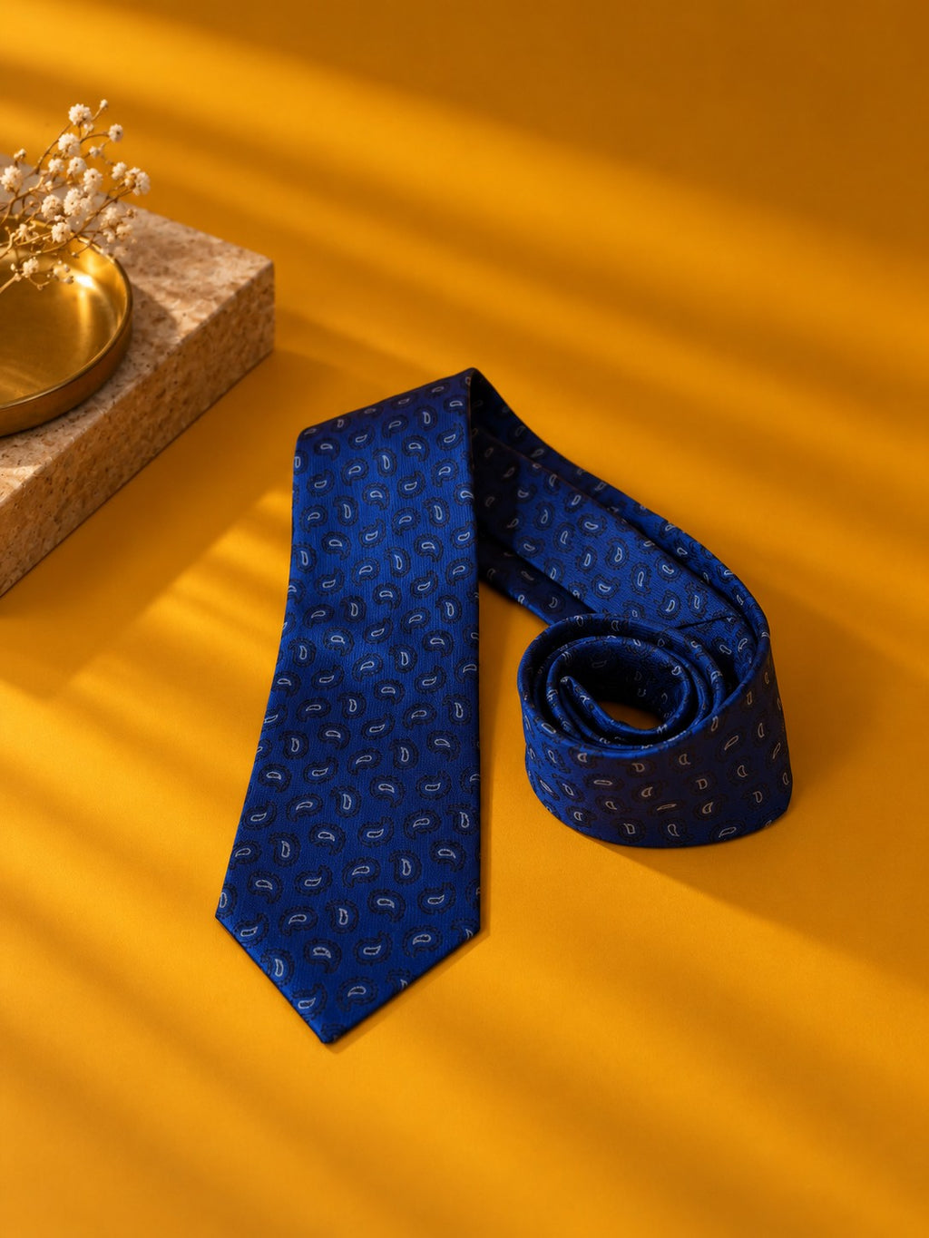 Blue Prestige royal blue paisley necktie partly rolled on a warm yellow background