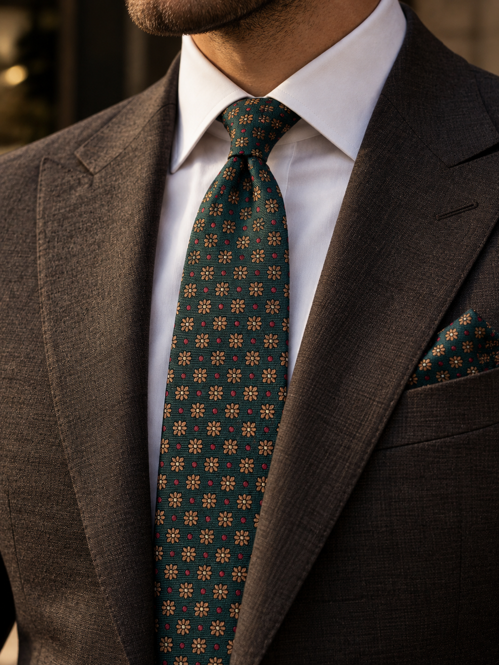 Evergreen green floral tie worn with a brown suit and white shirt