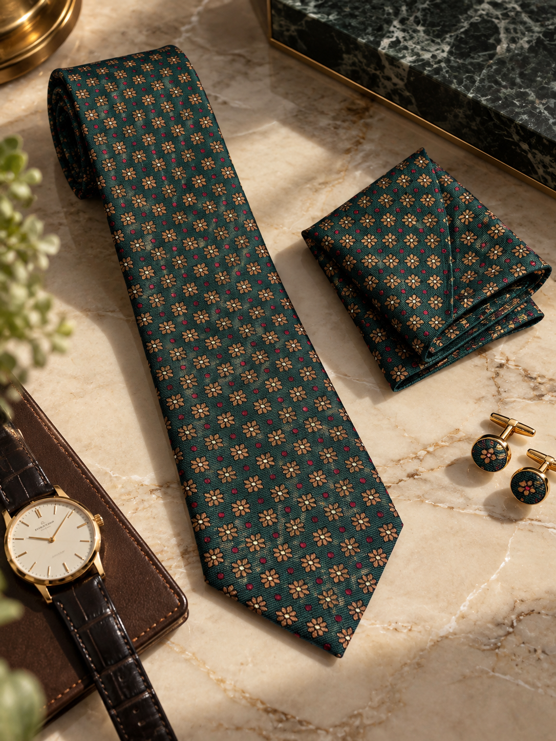 Evergreen green floral necktie with matching pocket square, gold cufflinks and watch