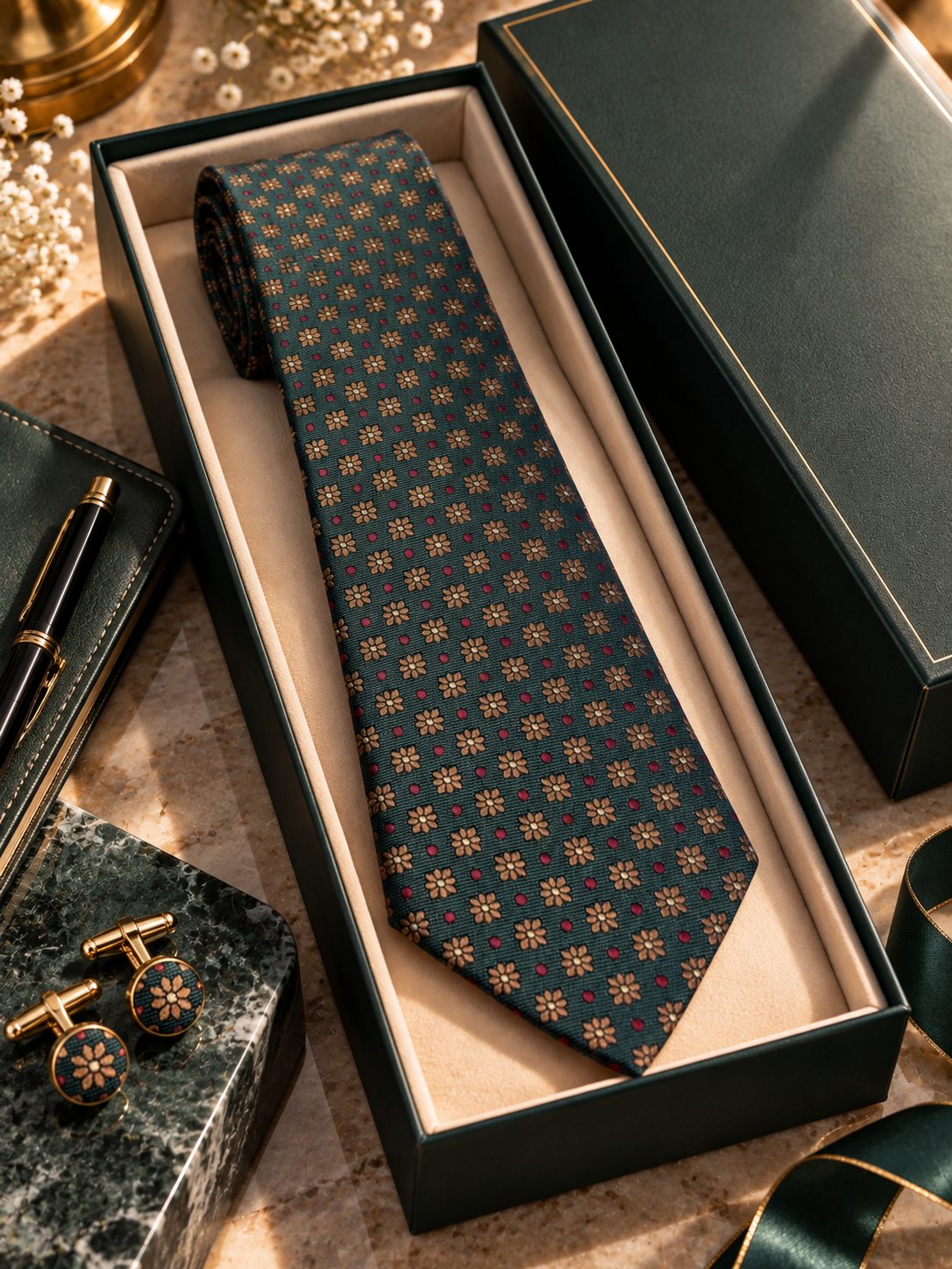 Evergreen green floral necktie in an open gift box