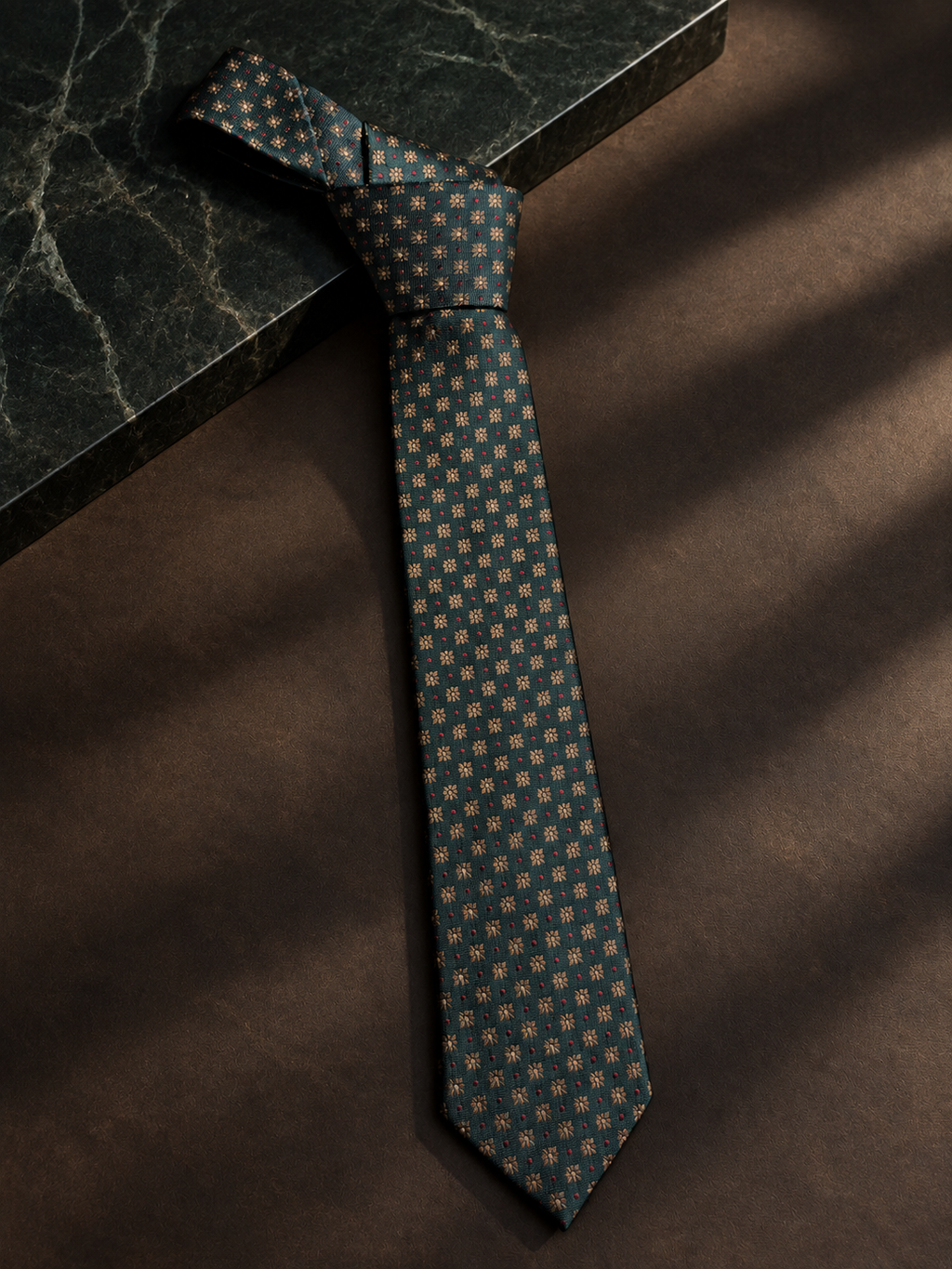 Evergreen green floral tie knotted on dark marble