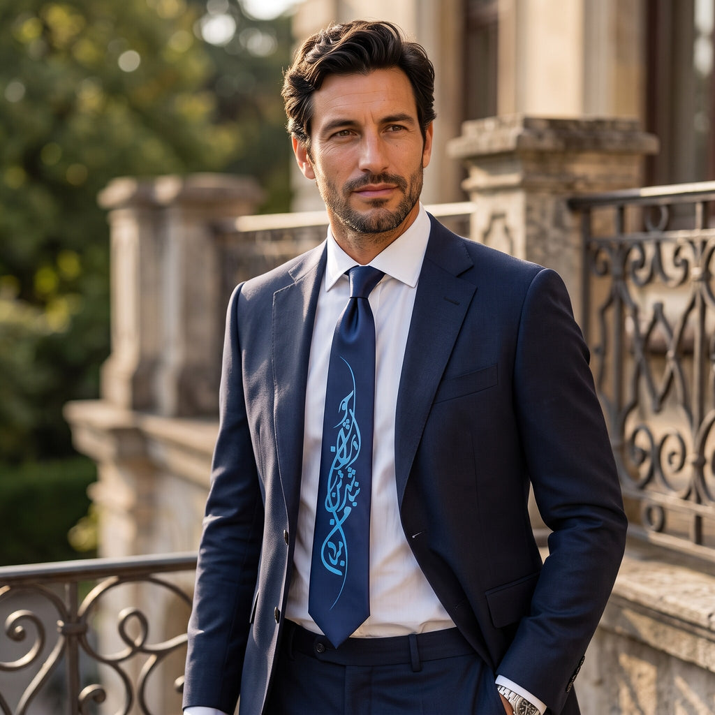 Man in a navy suit wearing the IRAN navy necktie with blue Persian calligraphy, standing on a stone balcony