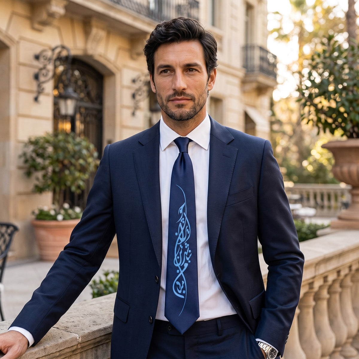 IRAN hand-painted Persian calligraphy necktie worn with a navy suit in a courtyard