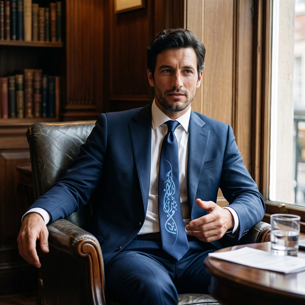 IRAN navy necktie with blue Persian calligraphy worn with a navy suit in a leather armchair