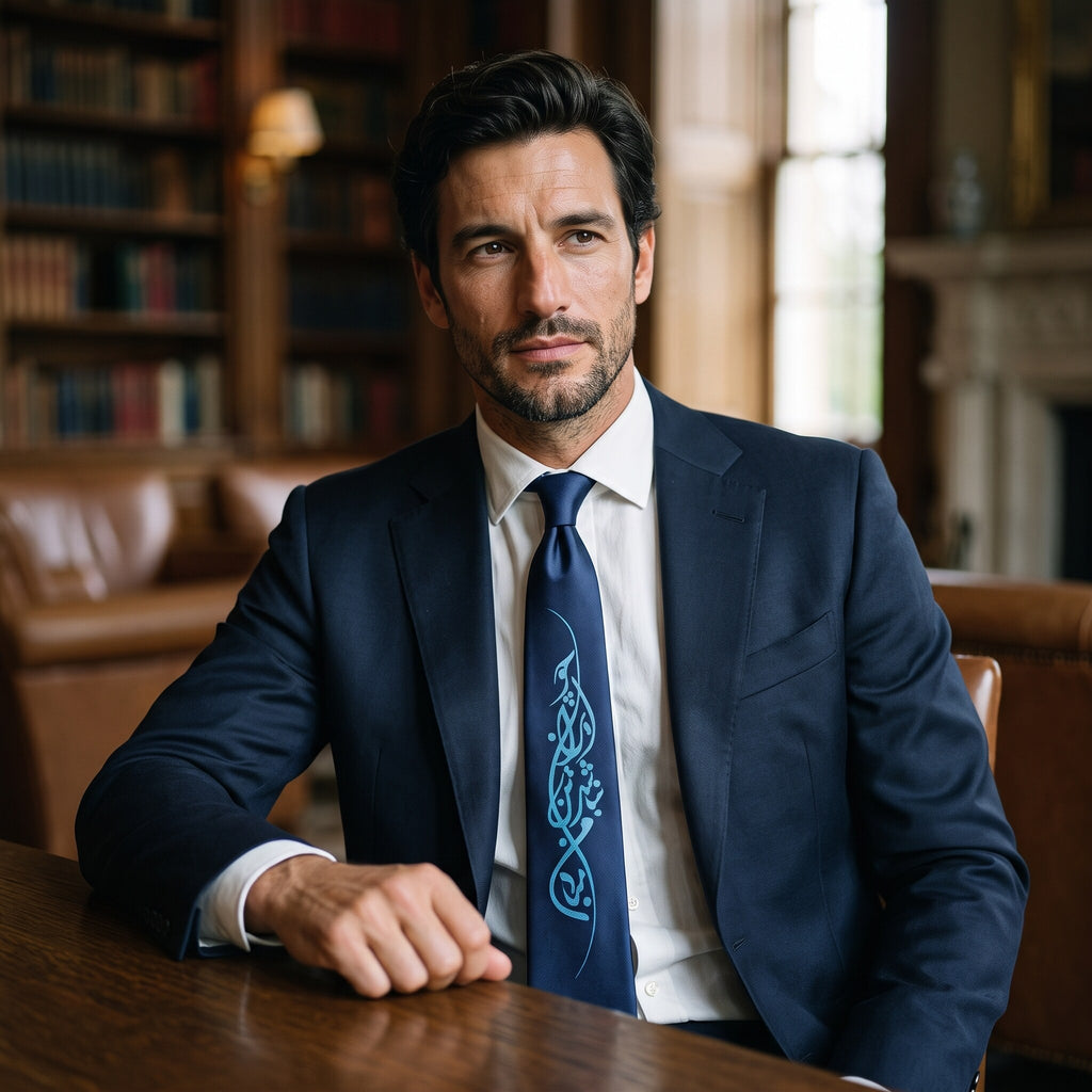 Seated portrait of a man in a navy suit wearing the IRAN Persian calligraphy necktie in a library
