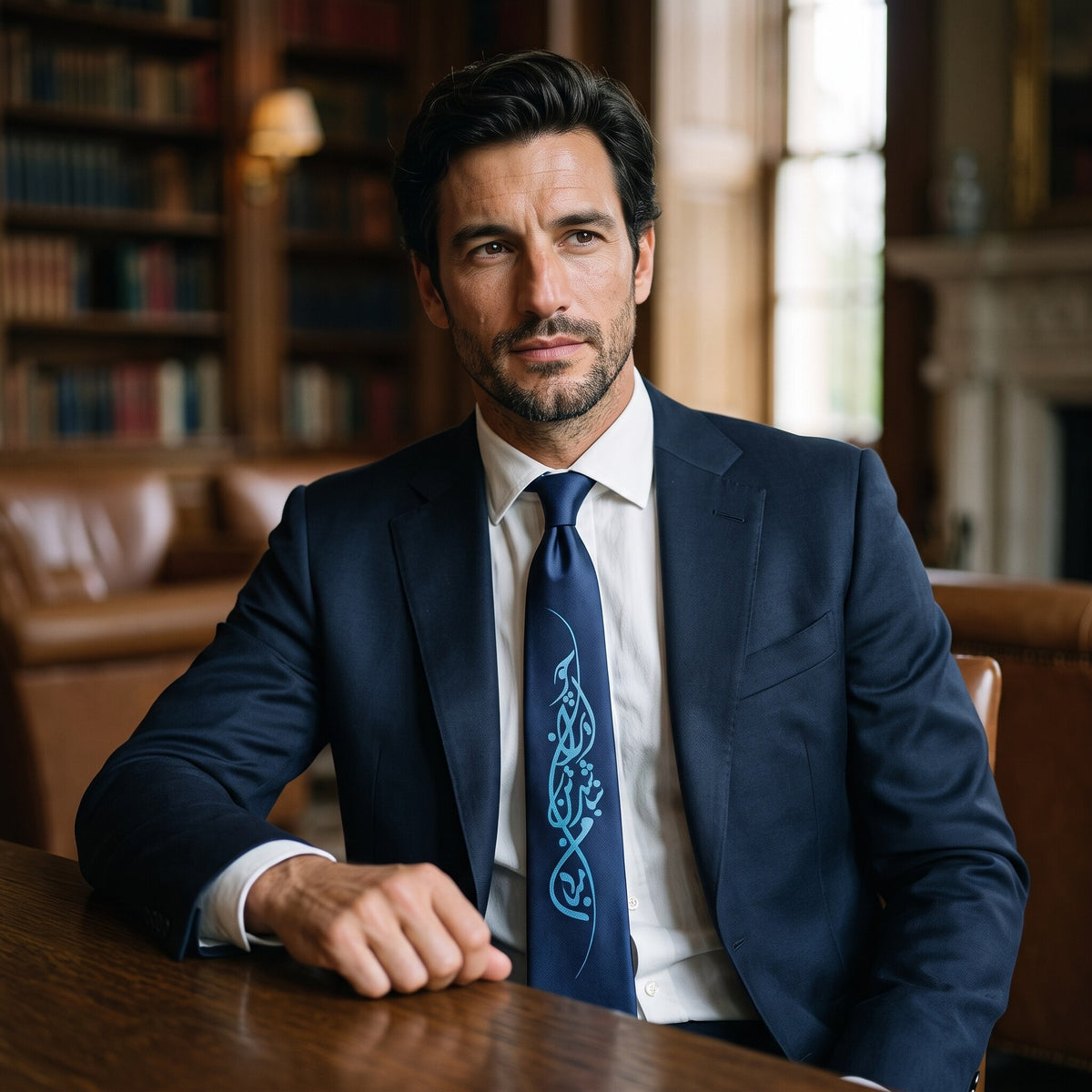 Seated portrait of a man in a navy suit wearing the IRAN Persian calligraphy necktie in a library