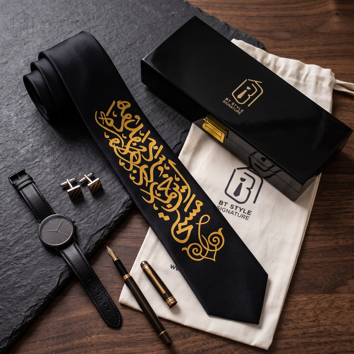 Black KHOMAR-E-MASTI necktie with gold calligraphy laid on slate beside its gift box, dust bag, watch and cufflinks