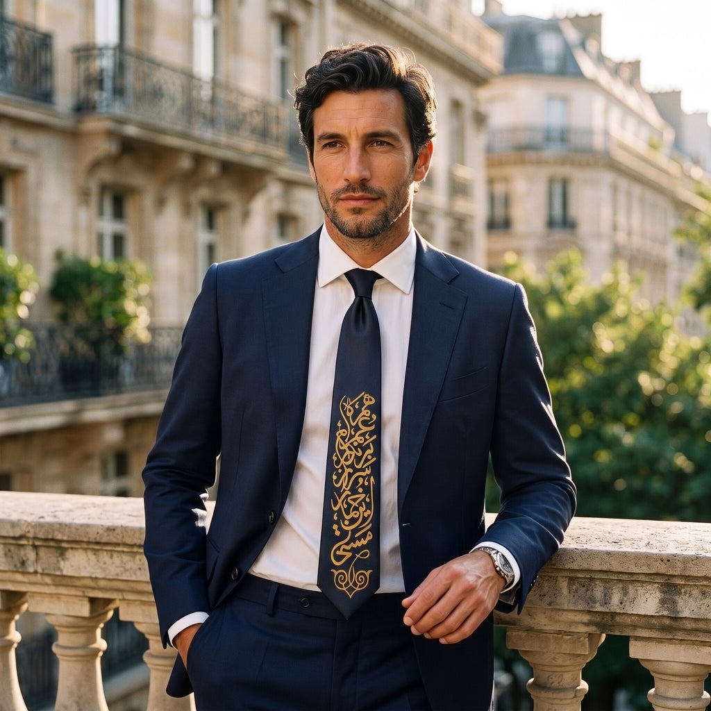 Man in a navy suit wearing the black KHOMAR-E-MASTI necktie with gold Persian calligraphy, standing on a Paris balcony