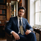 KHOMAR-E-MASTI black and gold hand-painted necktie worn with a navy suit in a leather armchair