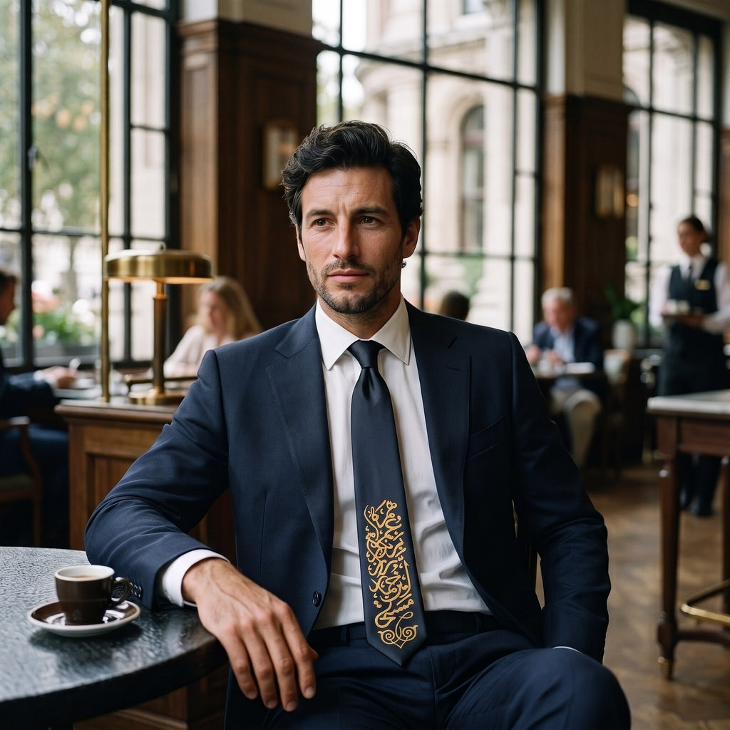 Black necktie with gold Persian calligraphy worn with a navy suit at a café table