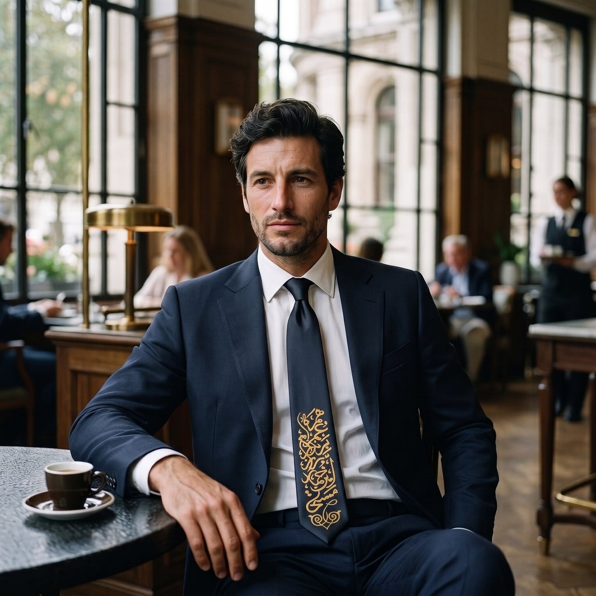 Black necktie with gold Persian calligraphy worn with a navy suit at a café table