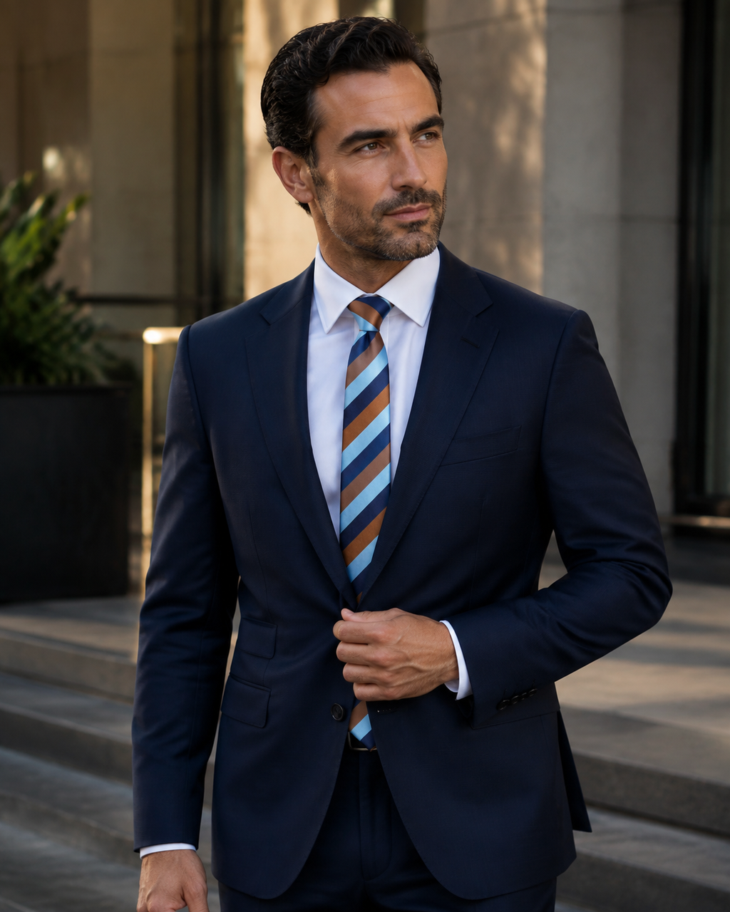 Regatta navy and bronze striped tie worn with a navy suit and pale blue shirt