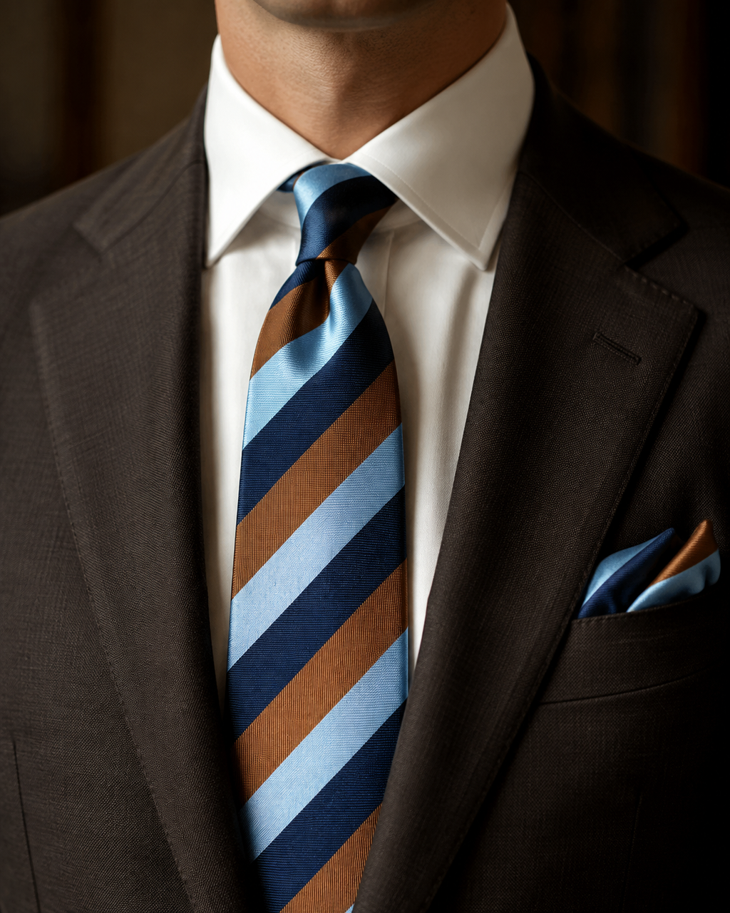 Regatta striped necktie with matching pocket square worn with a brown suit