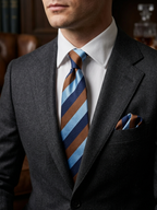 Regatta necktie worn with a grey flannel jacket and matching striped pocket square
