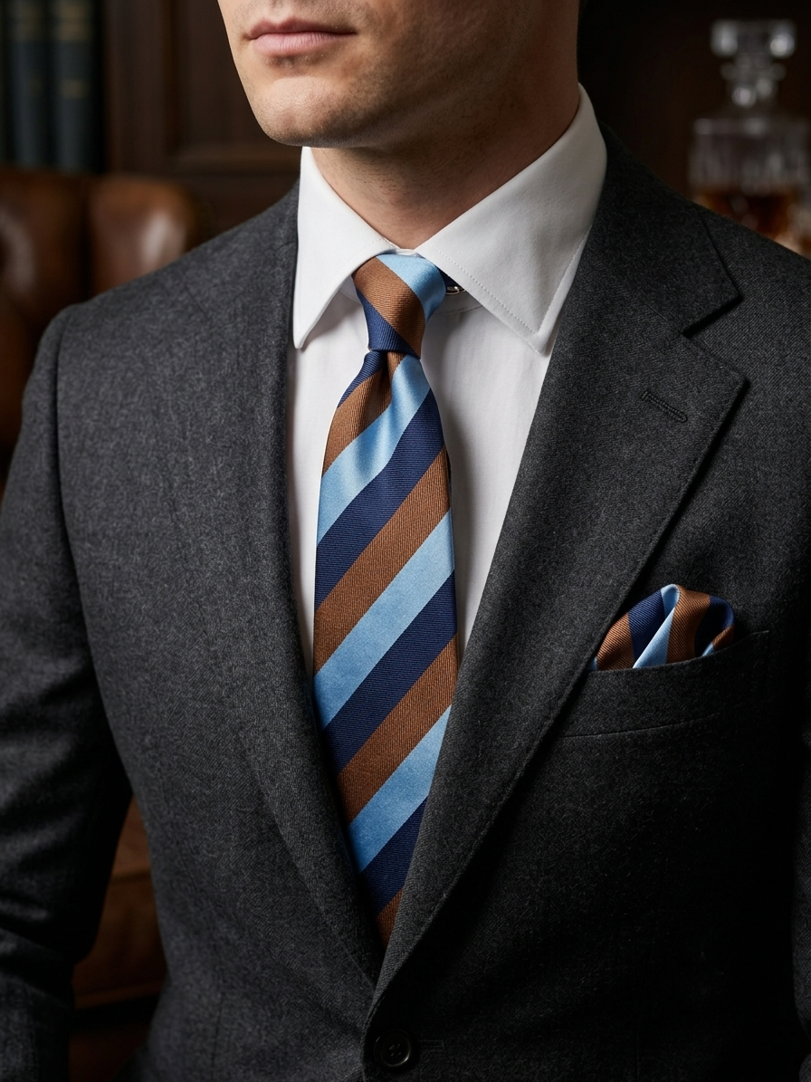 Regatta necktie worn with a grey flannel jacket and matching striped pocket square
