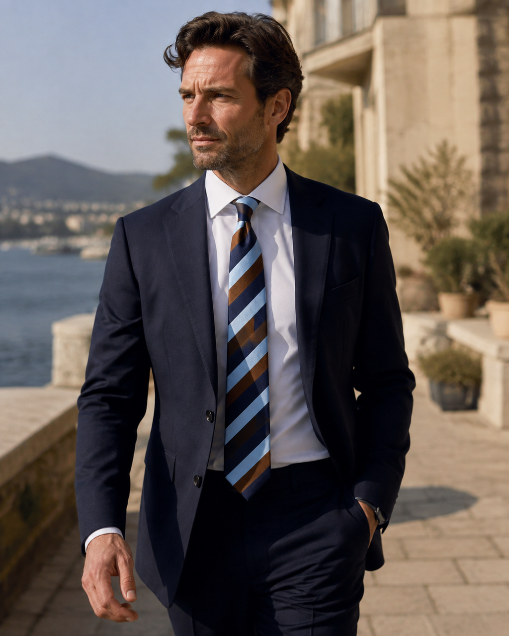 Man walking by the sea in a navy suit with the Regatta striped necktie