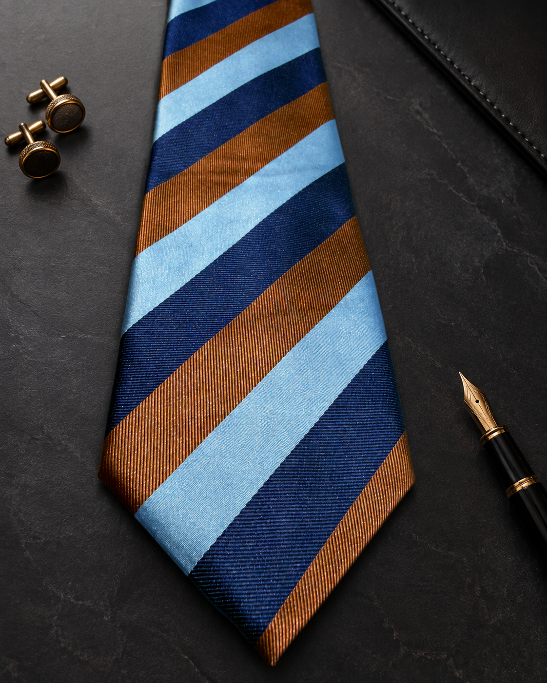 Navy necktie with sky blue and bronze stripes beside gold cufflinks and a fountain pen