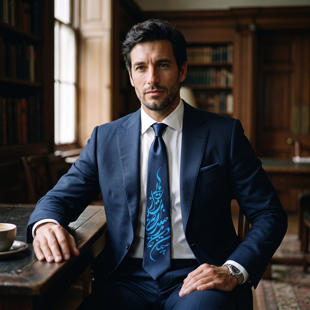 Man in a navy suit wearing the RAHAIE navy necktie with light blue Persian calligraphy, standing on a stone balcony