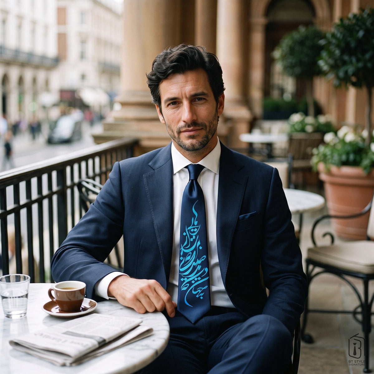 RAHAIE hand-painted Persian calligraphy necktie worn with a navy suit and white shirt outdoors