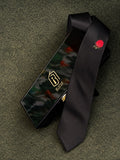 Red Rose black satin necktie with a single red rose, beside the BT Style Signature gift box