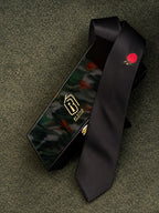 Red Rose black satin necktie with a single red rose, beside the BT Style Signature gift box