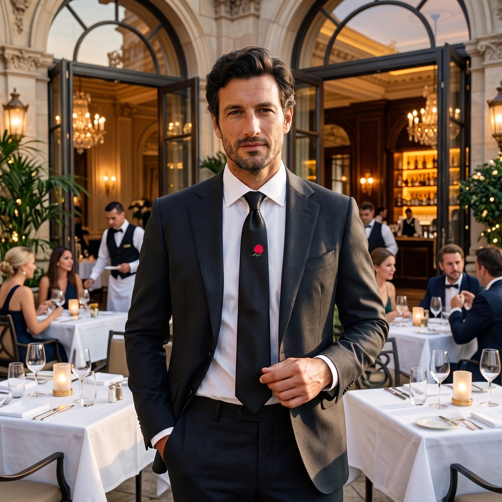 Man in a dark suit wearing the Red Rose black satin tie at an evening restaurant terrace