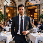 Man in a dark suit wearing the Red Rose black satin tie at an evening restaurant terrace