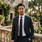 Man wearing the Red Rose black satin tie with a charcoal suit on a garden balcony