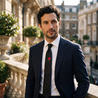Man in a navy suit wearing the Red Rose black tie with a red rose below the knot