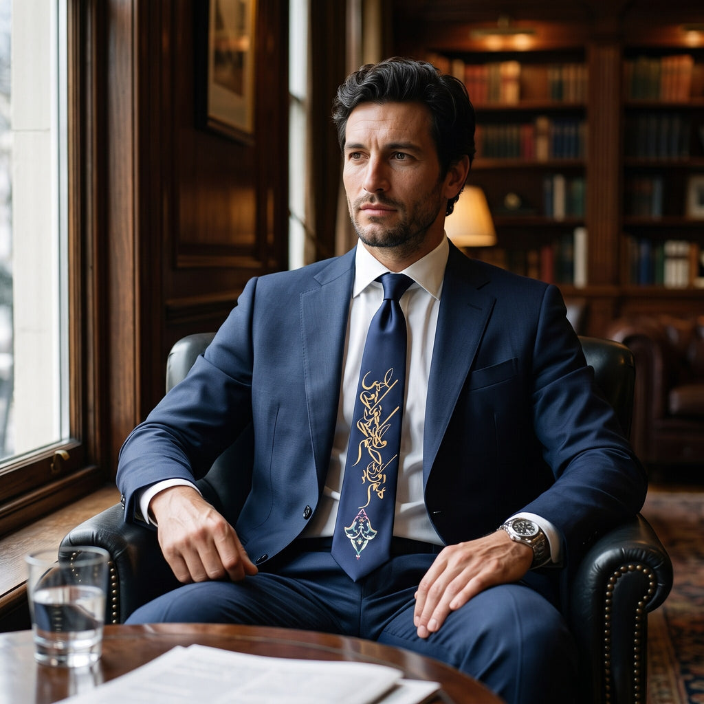 Man in a navy suit wearing the SANAM navy necktie with gold Persian calligraphy, seated in a library