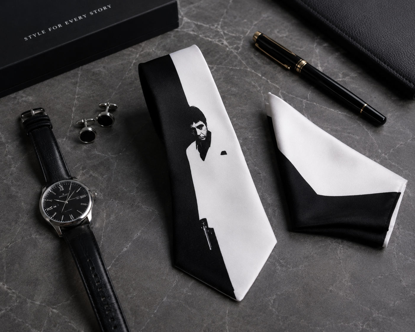 Scarface | Black & White Statement Satin Necktie