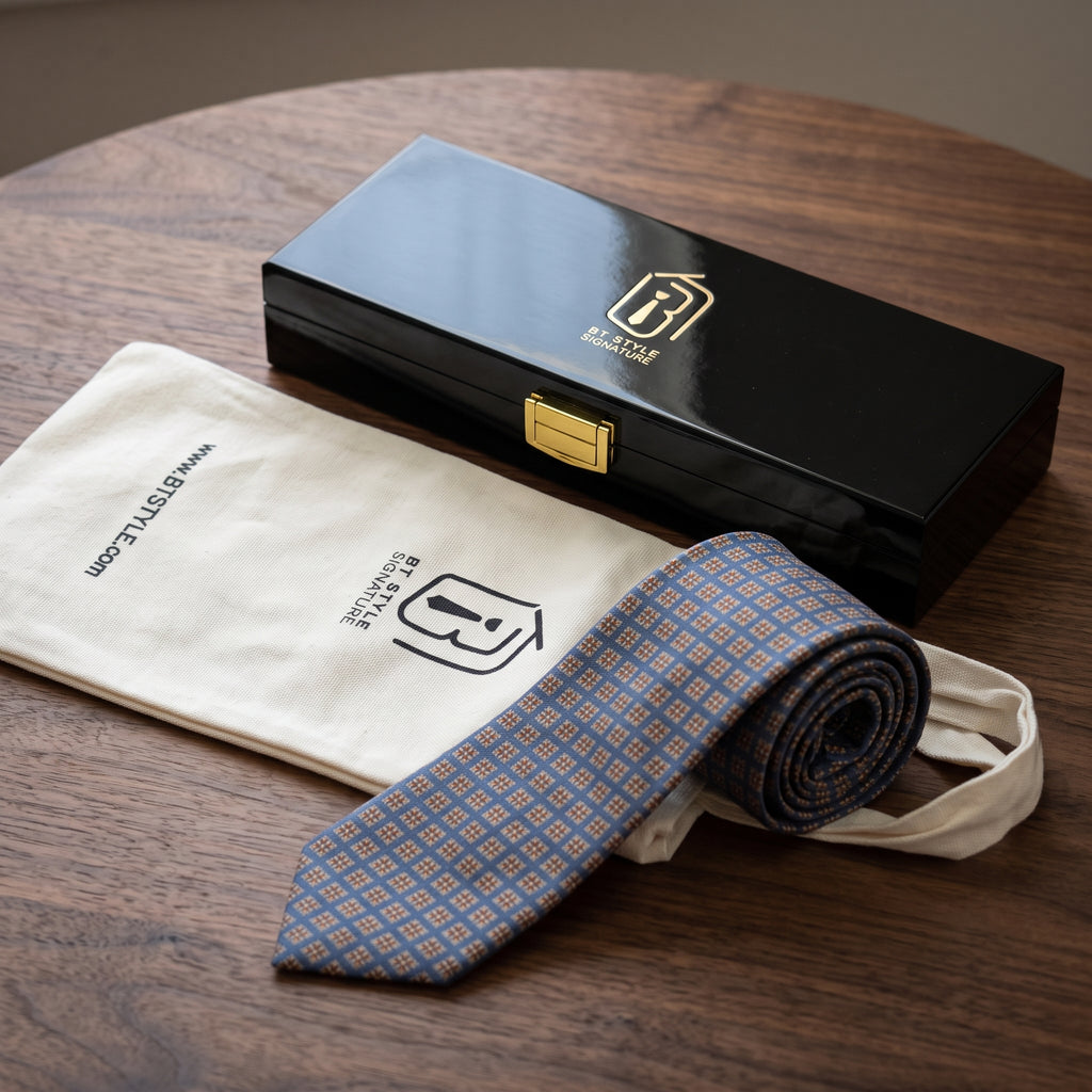 Windsor tie rolled with fabric pouch and gift box on a wooden table